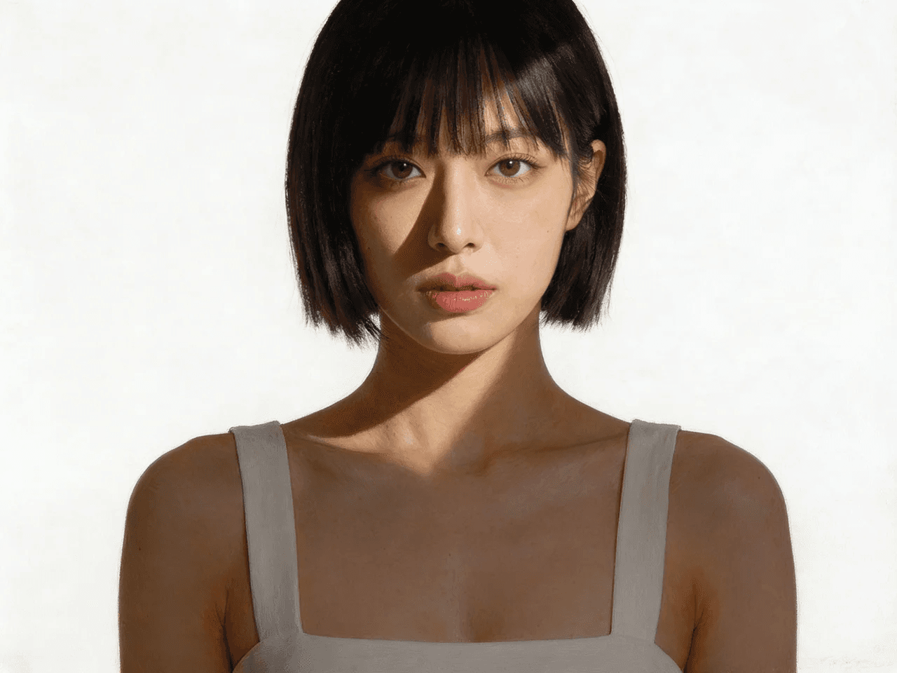 얼굴의 한쪽 위 45도 방향에서 빛을 비추고, 반대쪽 뺨의 그늘 속에 코 그림자와 맞닿은 작은 역삼각형 형태의 밝은 부분이 생기도록 연출. 고전 회화풍의 차분하고 무거운 분위기.