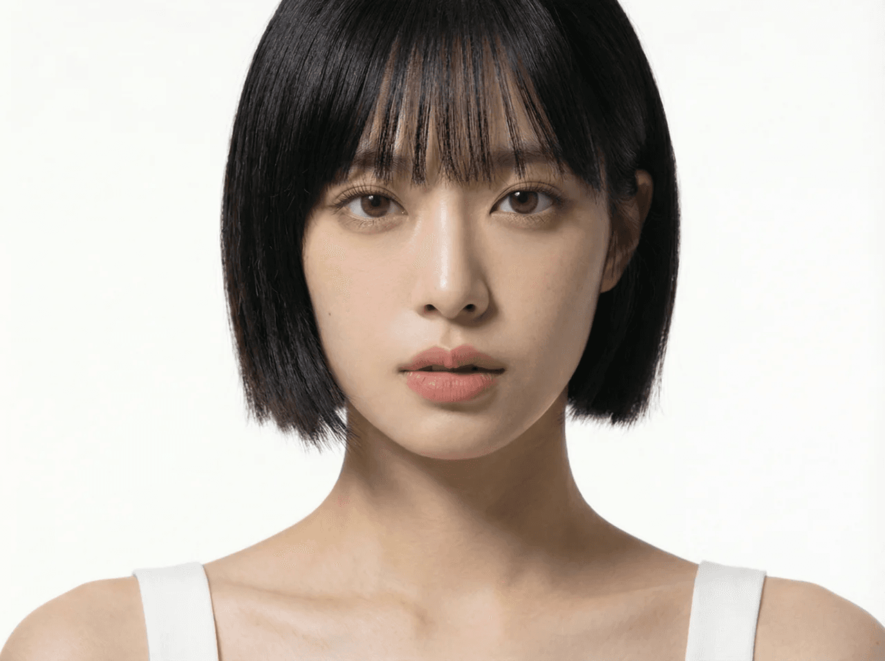 얼굴 정면에서 약간 옆(30~45도), 살짝 위쪽에서 빛을 비추어, 코 옆에 짧고 둥근 고리 모양의 작은 그림자가 뺨에 닿지 않고 떨어지도록 연출. 자연스럽고 부드러운 분위기.