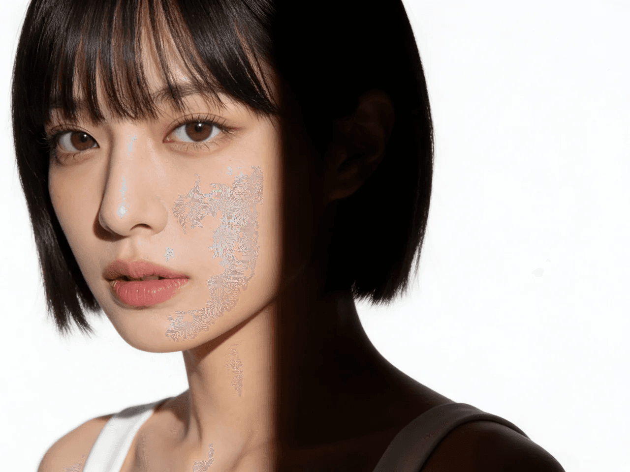 얼굴 정측면(90도)에서 빛을 비추어, 얼굴을 중심으로 세로로 빛과 그림자를 정확히 반반 분리. 한쪽은 완전히 밝고 한쪽은 어둡게, 강렬하고 극적인 분위기.