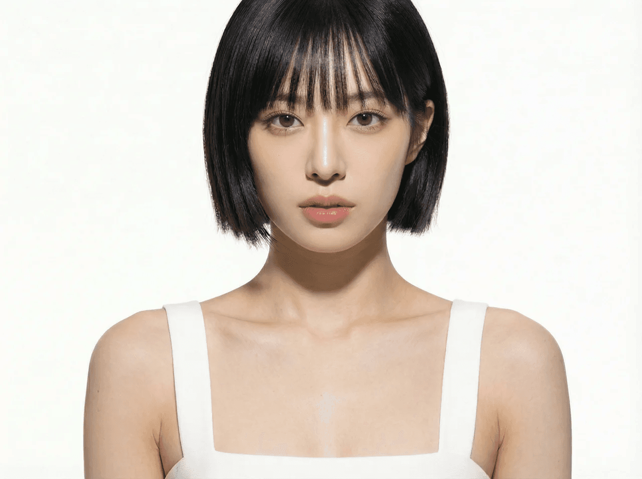 얼굴 정면 바로 위쪽에서 빛을 아래로 비추어, 코 바로 밑에 좌우대칭의 작은 나비 모양 그림자가 생기도록 연출. 광대뼈가 도드라지고 피부가 매끄럽게 표현되는 패션·뷰티풍.