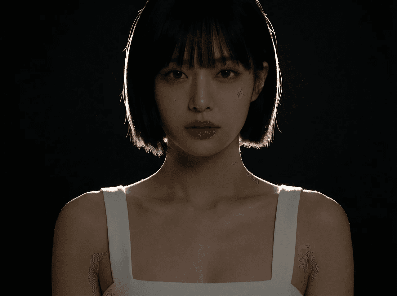 (인물의 포즈와 시선은 고정) 피사체 뒤쪽 또는 뒤 측면에서 강한 빛을 비추어, 머리카락·어깨·얼굴 옆면 윤곽선을 따라 가느다란 빛의 테두리가 생기도록 연출. 어두운 배경에서 인물의 실루엣이 빛으로 분리되어 입체감이 살아나는 시네마틱한 분위기. 정면은 어둡거나 약한 필 라이트로만 살짝 밝히고, 강한 명암 대비.