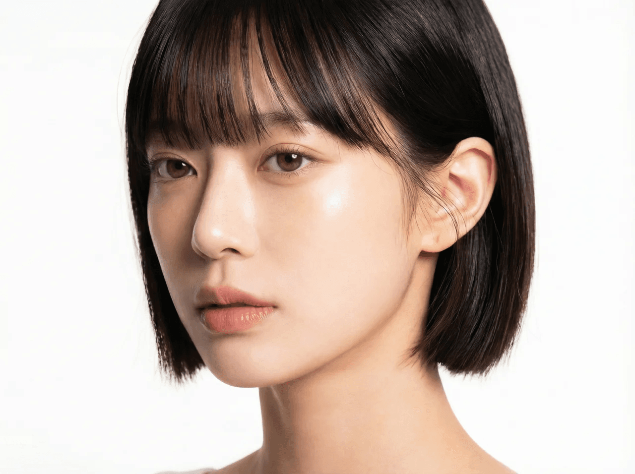카메라에 더 많이 보이는 넓은 쪽 면에 메인 조명을 비추어 넓은 면 전체가 밝게 빛나고, 카메라에서 먼 좁은 쪽 면이 그림자에 잠기도록 연출. 얼굴이 넓고 환해 보이며 밝고 개방적인 분위기. 마른 얼굴형에 어울리는 고전적 인물 조명.