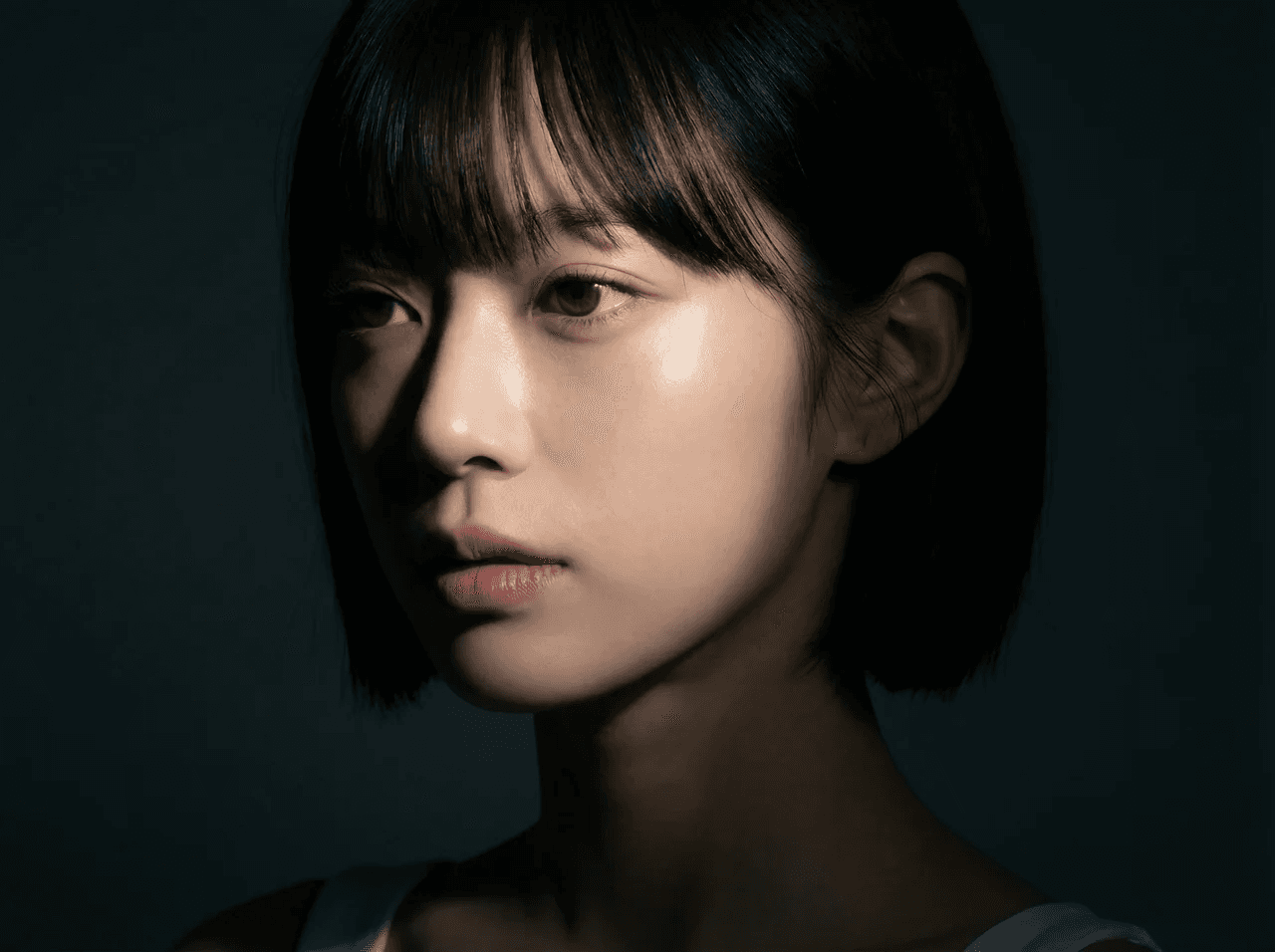 카메라에서 멀리 있는 좁은 쪽 면에 메인 조명을 비추어 좁은 면은 밝게 빛나고, 카메라를 향한 넓은 쪽 면은 그림자가 지도록 연출. 얼굴이 갸름하고 입체적으로 보이며 깊이감과 드라마틱한 분위기가 강조됨. 둥근 얼굴형에 어울리는 전통적 포트레이트 조명.